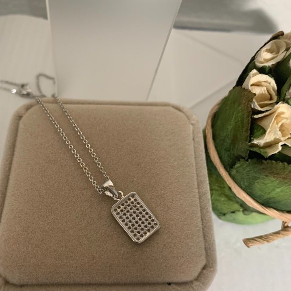 NEW Silver Tone Pave Set Rectangular Cubic Zirconia CZ Pendant + Chain - Picture 4 of 4